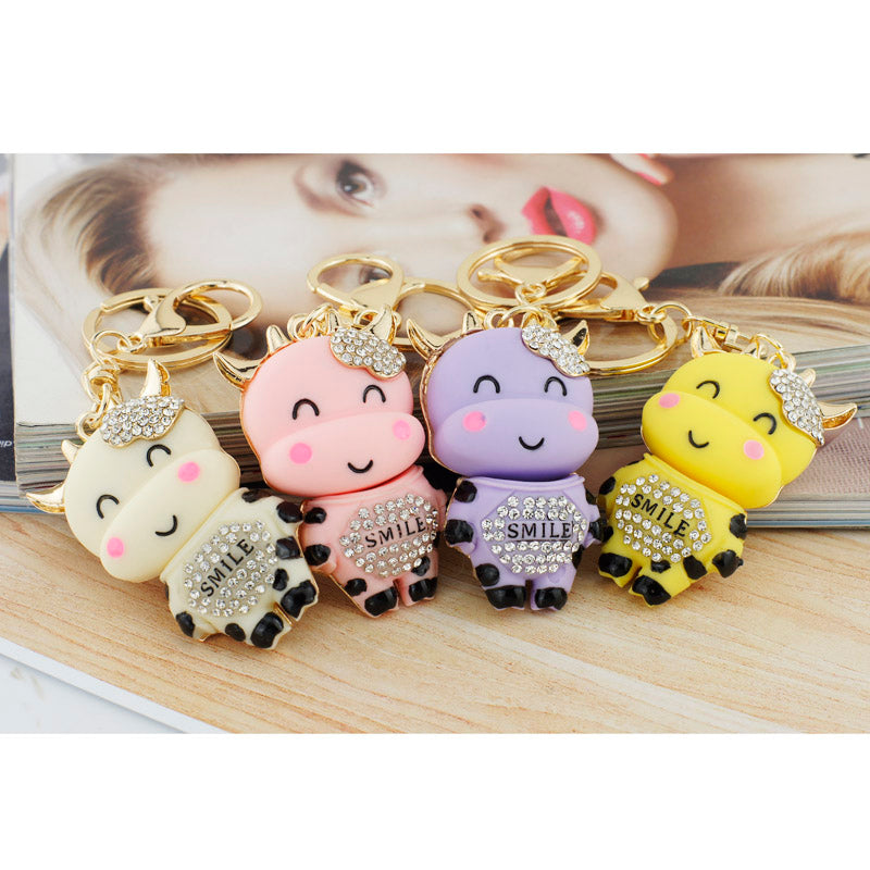 Lucky Smile Crystal Cow Keychain