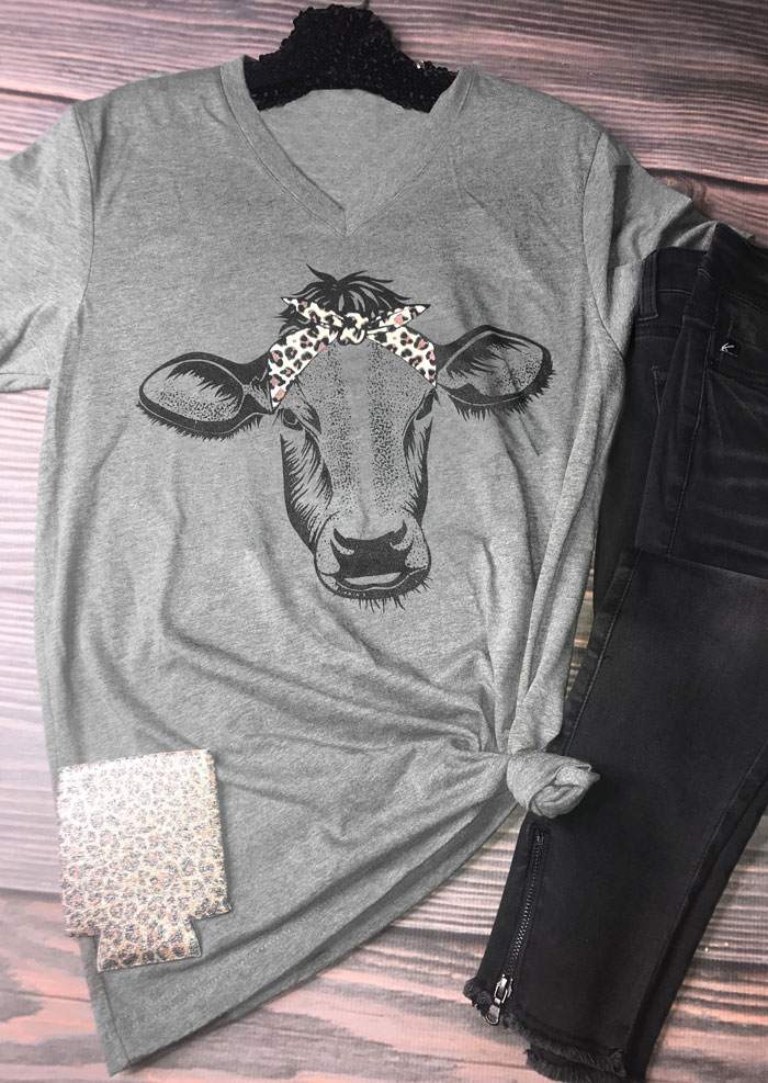 Women V-Neck Leopard Cow Printed T-shirt