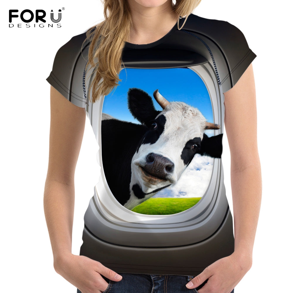 Stylish 3D Cow Print Women T-shirts
