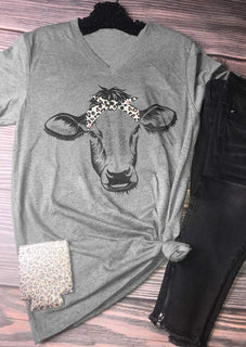 Women V-Neck Leopard Cow Printed T-shirt